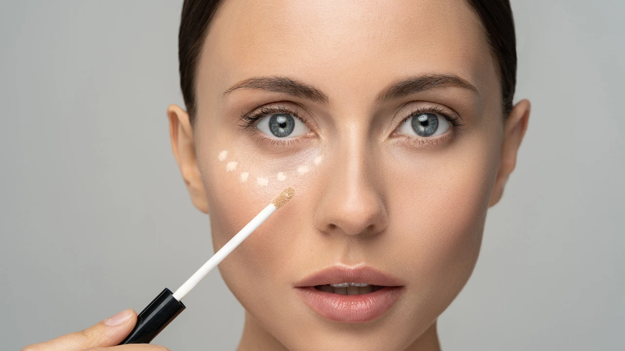 : A close-up of a woman applying small dots of liquid concealer under her eye with a makeup wand to cover dark circles.