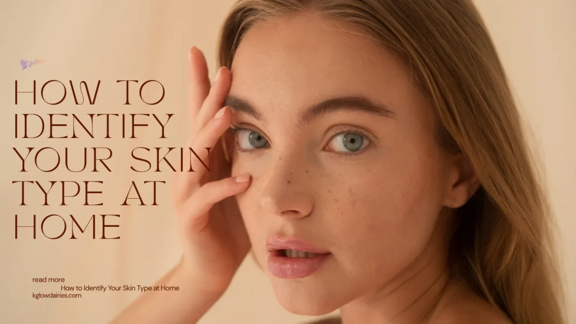 A close-up portrait of a woman with freckles touching her face. Large text on the left reads "HOW TO IDENTIFY YOUR SKIN TYPE AT HOME" with a link to kglowdiaries.com.