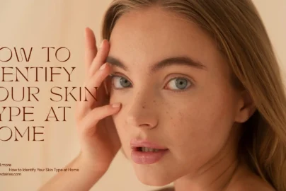 A close-up portrait of a woman with freckles touching her face. Large text on the left reads "HOW TO IDENTIFY YOUR SKIN TYPE AT HOME" with a link to kglowdiaries.com.