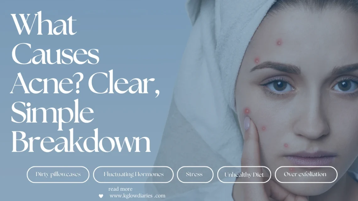 A woman with a towel on her head touching a blemish on her face; text overlay reads "What Causes Acne? Clear, Simple Breakdown" with tags for "Dirty pillowcases," "Fluctuating Hormones," "Stress," "Unhealthy Diet," and "Over exfoliation."