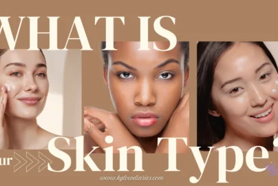 A wide banner with the large text "WHAT IS Your Skin Type?" superimposed over three different women showing healthy, glowing skin. One woman is applying cream to her face, while another smiles with dots of product on her cheek. The bottom features the website URL "www.kglowdiaries.com" and a small butterfly logo.