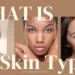 A wide banner with the large text "WHAT IS Your Skin Type?" superimposed over three different women showing healthy, glowing skin. One woman is applying cream to her face, while another smiles with dots of product on her cheek. The bottom features the website URL "www.kglowdiaries.com" and a small butterfly logo.