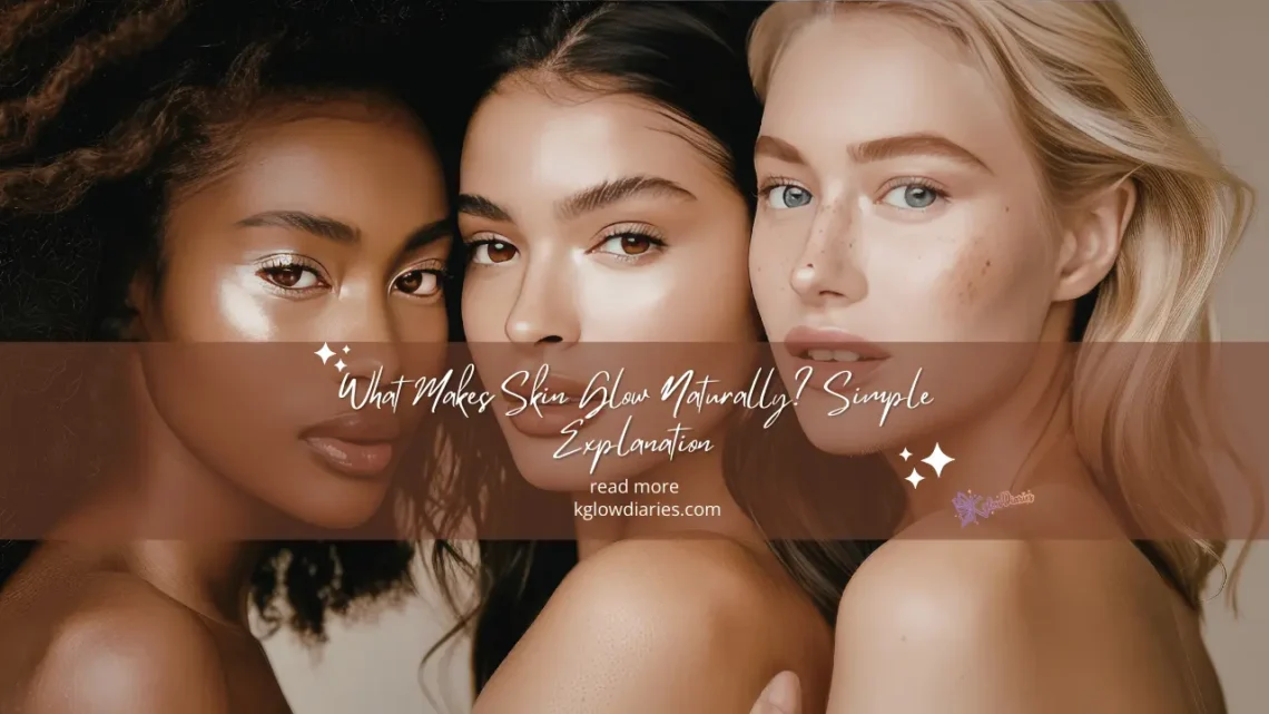 A warm-toned close-up of two people's faces with an inset magnifying glass highlighting skin texture. The text reads "Why Does Skin Look Dull? Main Causes Explained" with a "READ MORE" button and the website www.kglowdiaries.com.