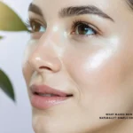 A close-up side profile of a woman with radiant, glowing skin and dark hair, looking towards a soft light source filtering through green leaves, with text overlay for a "Simple Explanation" on natural skin glow.
