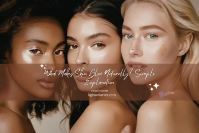 A warm-toned close-up of two people's faces with an inset magnifying glass highlighting skin texture. The text reads "Why Does Skin Look Dull? Main Causes Explained" with a "READ MORE" button and the website www.kglowdiaries.com.