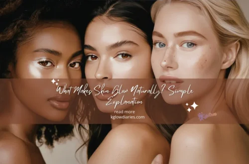 A warm-toned close-up of two people's faces with an inset magnifying glass highlighting skin texture. The text reads "Why Does Skin Look Dull? Main Causes Explained" with a "READ MORE" button and the website www.kglowdiaries.com.