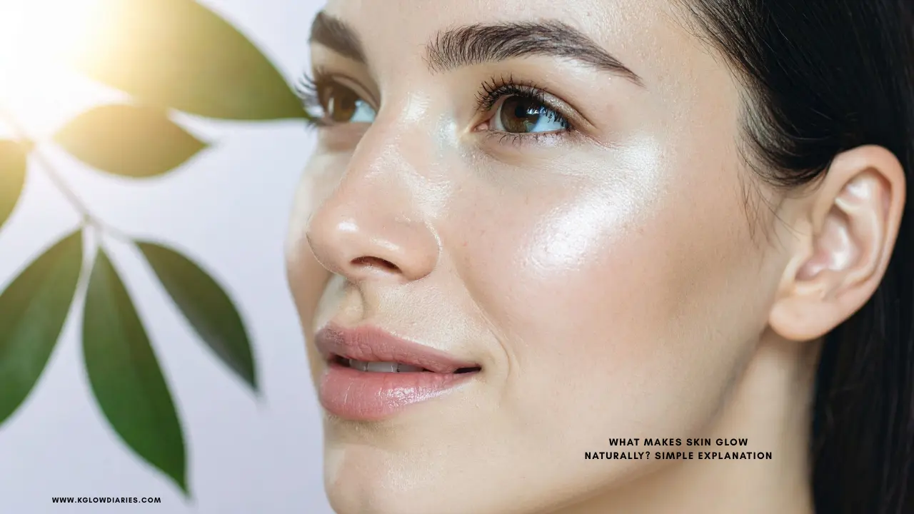 A close-up side profile of a woman with radiant, glowing skin and dark hair, looking towards a soft light source filtering through green leaves, with text overlay for a "Simple Explanation" on natural skin glow.