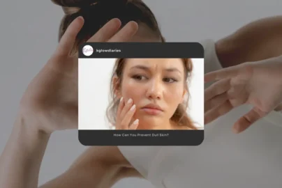 A warm-toned close-up of two people's faces with an inset magnifying glass highlighting the texture of the skin. The text reads "Why Does Skin Look Dull? Main Causes Explained" with a "READ MORE" button and the website www.kglowdiaries.com.