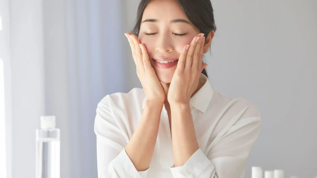 A peaceful woman with eyes closed gently pressing her palms against her cheeks in a bright setting.