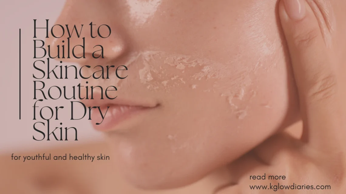 A close-up of a person's face showing peeling skin; text overlay reads "How to Build a Skincare Routine for Dry Skin for youthful and healthy skin".