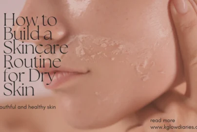 A close-up of a person's face showing peeling skin; text overlay reads "How to Build a Skincare Routine for Dry Skin for youthful and healthy skin".