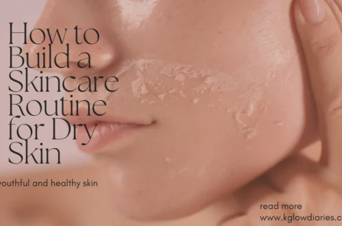 A close-up of a person's face showing peeling skin; text overlay reads "How to Build a Skincare Routine for Dry Skin for youthful and healthy skin".