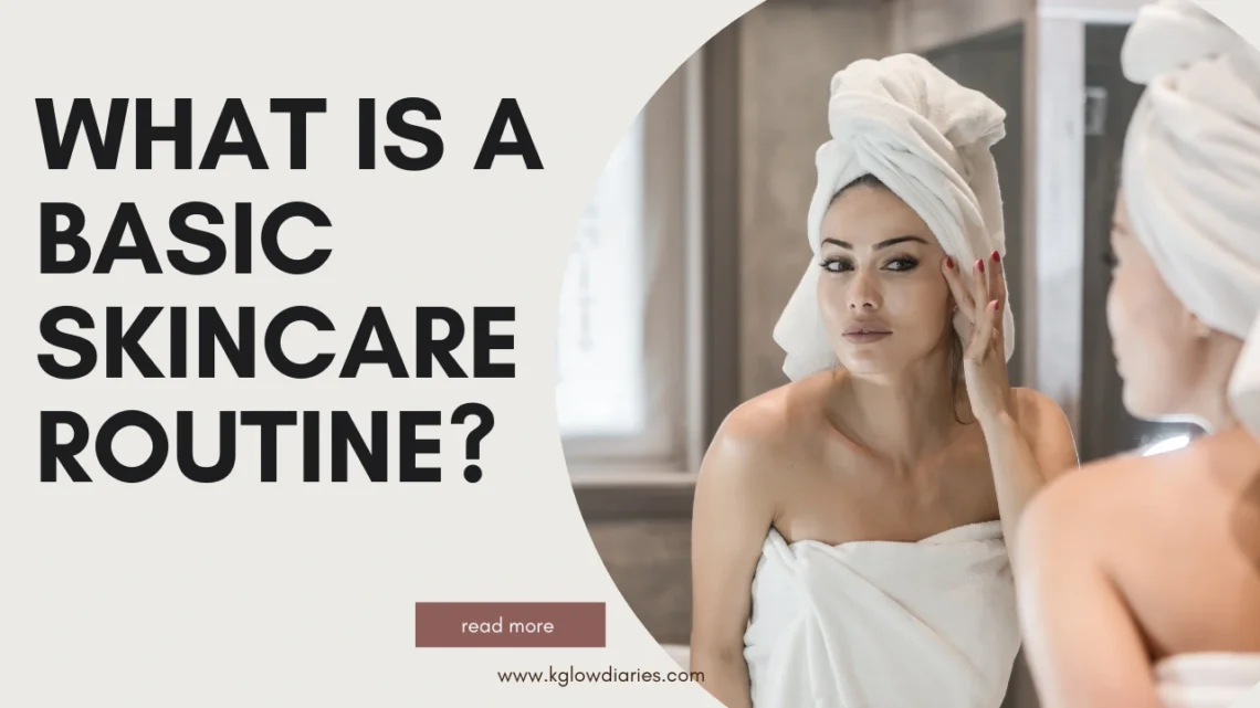 A person wrapped in a white towel with a matching hair turban looking into a bathroom mirror and touching their face; large text to the left asks "WHAT IS A BASIC SKINCARE ROUTINE?".