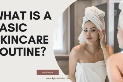 A person wrapped in a white towel with a matching hair turban looking into a bathroom mirror and touching their face; large text to the left asks "WHAT IS A BASIC SKINCARE ROUTINE?".