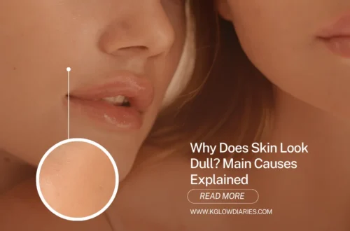 A wide banner featuring three women with glowing skin titled "WHAT IS Your Skin Type?". One woman applies cream to her face, while another has dots of product on her cheek. The website URL www.kglowdiaries.com is displayed at the bottom.