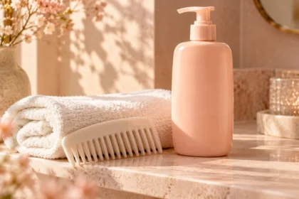 Peach shampoo bottle, folded ivory towel and a wide-tooth comb on a softly lit shelf.