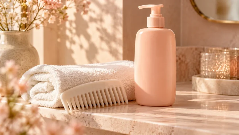 Peach shampoo bottle, folded ivory towel and a wide-tooth comb on a softly lit shelf.