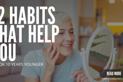 A smiling mature woman with short silver hair looks into a vanity mirror while touching her face; large text overlay reads "12 HABITS THAT HELP YOU LOOK 10 YEARS YOUNGER."