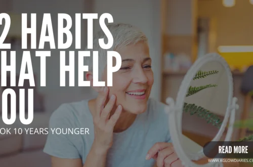 A smiling mature woman with short silver hair looks into a vanity mirror while touching her face; large text overlay reads "12 HABITS THAT HELP YOU LOOK 10 YEARS YOUNGER."