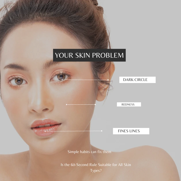 A close-up photo of a woman's face labeled "YOUR SKIN PROBLEM." Dotted lines point to specific areas of concern including Dark Circles under the eyes, Redness on the cheek, and Fine Lines around the mouth. The bottom text asks, "Is the 60-Second Rule Suitable for All Skin Types?".