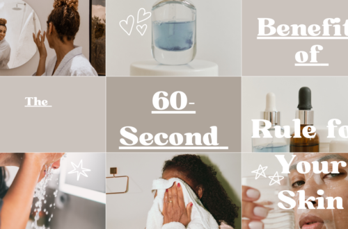 A grid of nine images showing various skincare steps like washing, drying, and applying masks; large text across the center reads "Benefits of The 60-Second Rule for Your Skin."