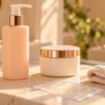 Peach cleanser bottle, ivory moisturizer jar, soft washcloth and a small packet of translucent patches.