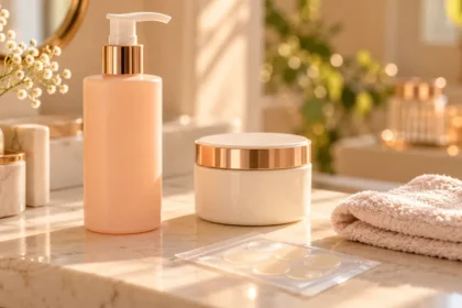 Peach cleanser bottle, ivory moisturizer jar, soft washcloth and a small packet of translucent patches.