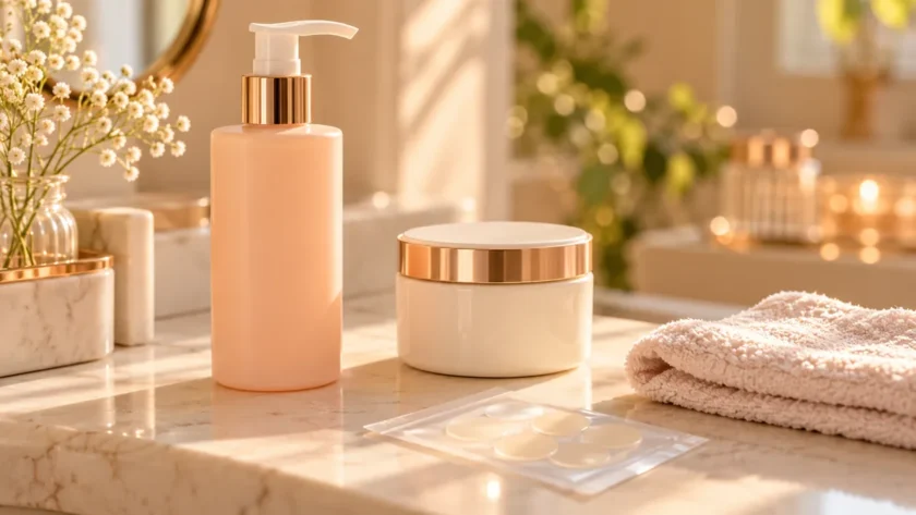 Peach cleanser bottle, ivory moisturizer jar, soft washcloth and a small packet of translucent patches.