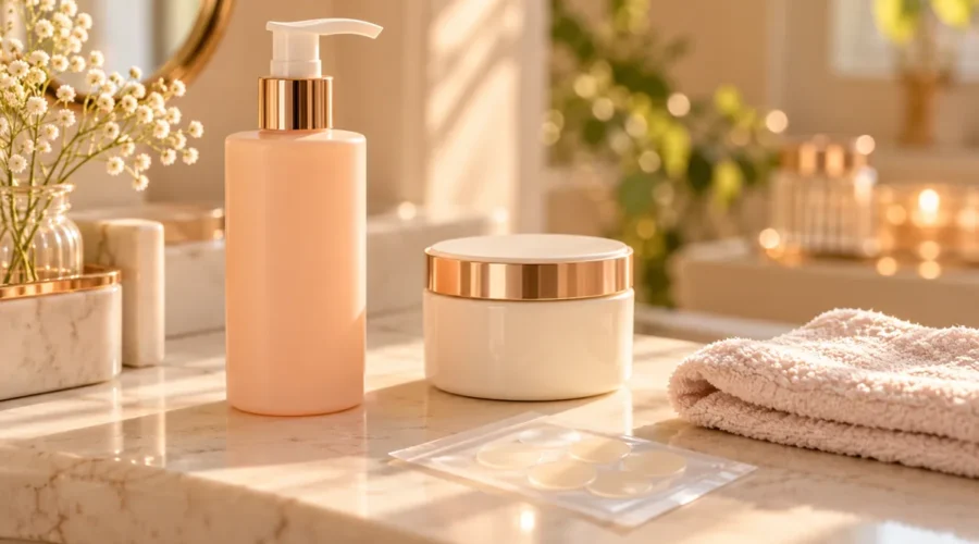 Peach cleanser bottle, ivory moisturizer jar, soft washcloth and a small packet of translucent patches.