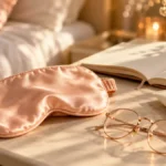 A peach satin sleep mask, reading glasses and an ivory sunscreen tube beside an open journal.
