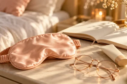 A peach satin sleep mask, reading glasses and an ivory sunscreen tube beside an open journal.