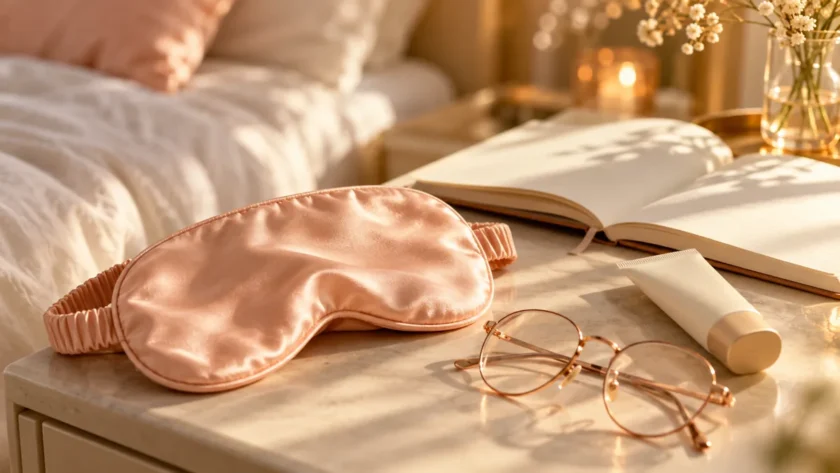 A peach satin sleep mask, reading glasses and an ivory sunscreen tube beside an open journal.