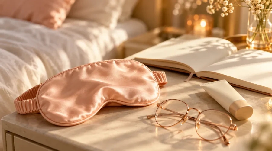 A peach satin sleep mask, reading glasses and an ivory sunscreen tube beside an open journal.