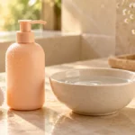 Peach cleanser bottle beside a bowl of water, ivory washcloth and a small timer.