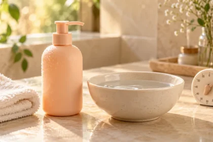 Peach cleanser bottle beside a bowl of water, ivory washcloth and a small timer.