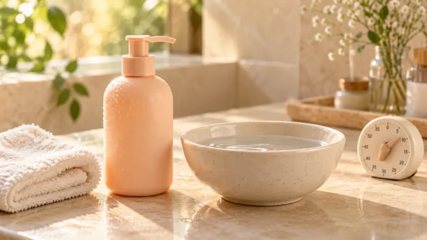 Peach cleanser bottle beside a bowl of water, ivory washcloth and a small timer.