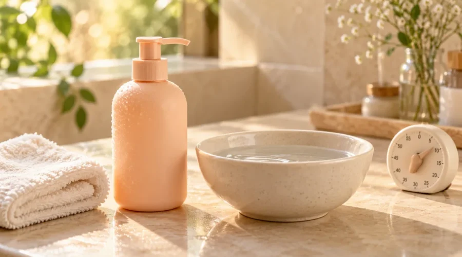 Peach cleanser bottle beside a bowl of water, ivory washcloth and a small timer.