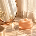 Peach moisturizer jar and water glass beside an oval mirror reflecting soft curtain light.