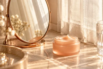 Peach moisturizer jar and water glass beside an oval mirror reflecting soft curtain light.