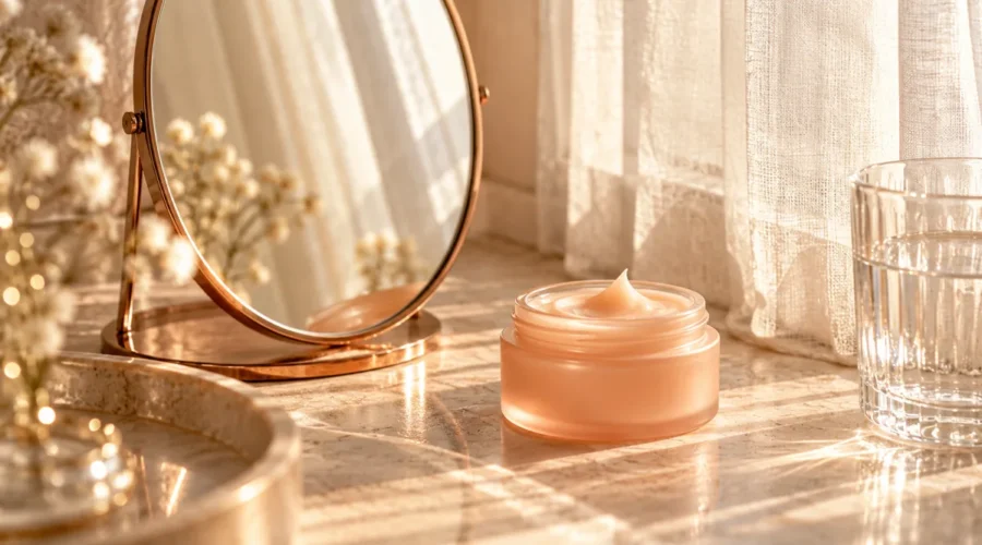 Peach moisturizer jar and water glass beside an oval mirror reflecting soft curtain light.