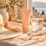 An ivory sun hat, peach sunscreen tube, reading glasses and water glass on a sunlit linen table.