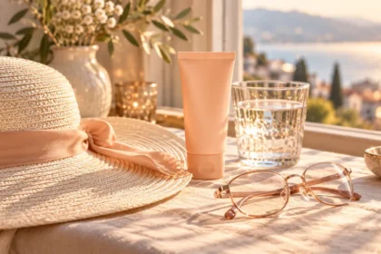 An ivory sun hat, peach sunscreen tube, reading glasses and water glass on a sunlit linen table.