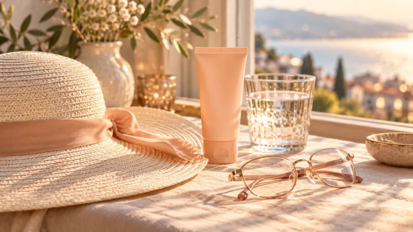 An ivory sun hat, peach sunscreen tube, reading glasses and water glass on a sunlit linen table.