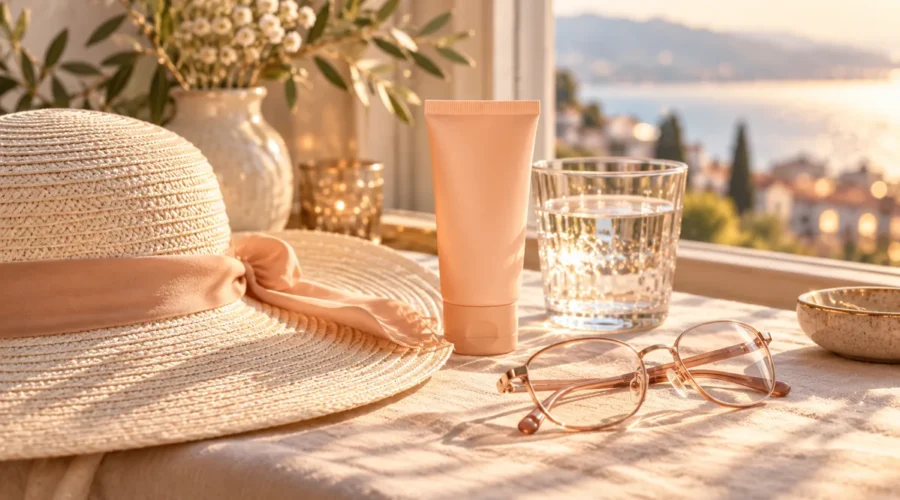 An ivory sun hat, peach sunscreen tube, reading glasses and water glass on a sunlit linen table.