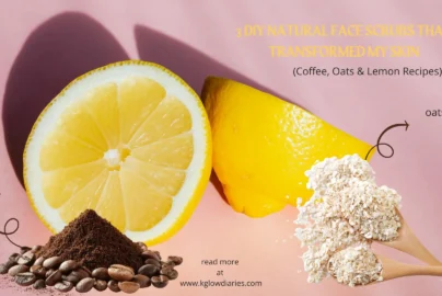 A vibrant graphic titled "3 DIY Natural Face Scrubs That Transformed My Skin (Coffee, Oats & Lemon Recipes)" set against a soft pink background. The image features three main ingredients: a sliced lemon and a lemon wedge in the center, a pile of coffee beans and grounds on the left labeled with a curly arrow, and two wooden spoons filled with rolled oats on the right, also labeled with an arrow. At the bottom, the text "read more at www.kglowdiaries.com" is displayed.