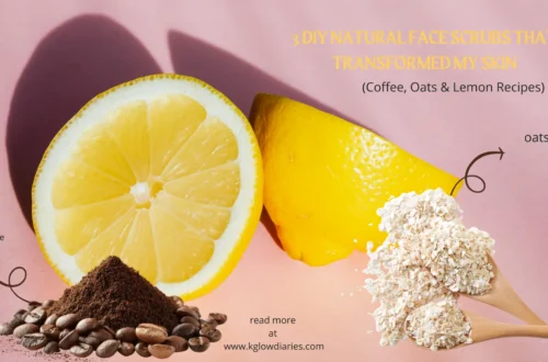 A vibrant graphic titled "3 DIY Natural Face Scrubs That Transformed My Skin (Coffee, Oats & Lemon Recipes)" set against a soft pink background. The image features three main ingredients: a sliced lemon and a lemon wedge in the center, a pile of coffee beans and grounds on the left labeled with a curly arrow, and two wooden spoons filled with rolled oats on the right, also labeled with an arrow. At the bottom, the text "read more at www.kglowdiaries.com" is displayed.