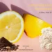 A vibrant graphic titled "3 DIY Natural Face Scrubs That Transformed My Skin (Coffee, Oats & Lemon Recipes)" set against a soft pink background. The image features three main ingredients: a sliced lemon and a lemon wedge in the center, a pile of coffee beans and grounds on the left labeled with a curly arrow, and two wooden spoons filled with rolled oats on the right, also labeled with an arrow. At the bottom, the text "read more at www.kglowdiaries.com" is displayed.