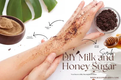 "A DIY Milk and Honey Sugar Scrub promotional image featuring a person's arm with dark sugar scrub applied. Surrounding the arm are natural ingredients: a wooden bowl of brown sugar, a honeycomb with a honey dipper, a splash of milk, and a green leaf. Text overlays include 'DIY Milk and Honey Sugar Scrub: Your Secret to Silky Smooth Skin at Home' and pointers highlighting 'Natural Ingredients,' 'Gentle on Skin,' and 'Instant Results.' The website URL www.kglowdiaries.com is at the bottom right.