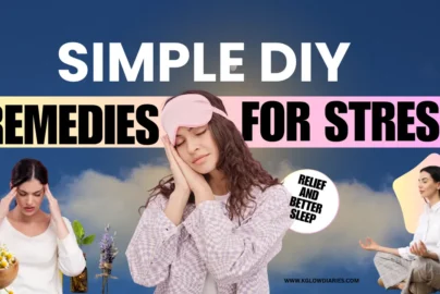 A wellness-themed collage titled 'SIMPLE DIY REMEDIES FOR STRESS RELIEF AND BETTER SLEEP.' The image features three women: one in the center wearing a pink sleep mask and checkered pajamas in a sleeping pose, one on the left holding her temples in stress next to a bowl of chamomile and lavender, and one on the right meditating in a seated yoga pose. The background shows a soft blue sky with clouds, and the website URL 'www.kglowdiaries.com' is at the bottom.