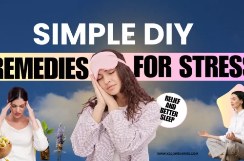 A wellness-themed collage titled 'SIMPLE DIY REMEDIES FOR STRESS RELIEF AND BETTER SLEEP.' The image features three women: one in the center wearing a pink sleep mask and checkered pajamas in a sleeping pose, one on the left holding her temples in stress next to a bowl of chamomile and lavender, and one on the right meditating in a seated yoga pose. The background shows a soft blue sky with clouds, and the website URL 'www.kglowdiaries.com' is at the bottom.